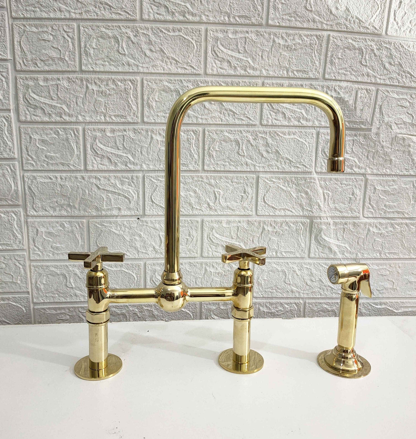 Unlacquered Brass Bridge Kitchen Faucet - Square Gooseneck Faucet