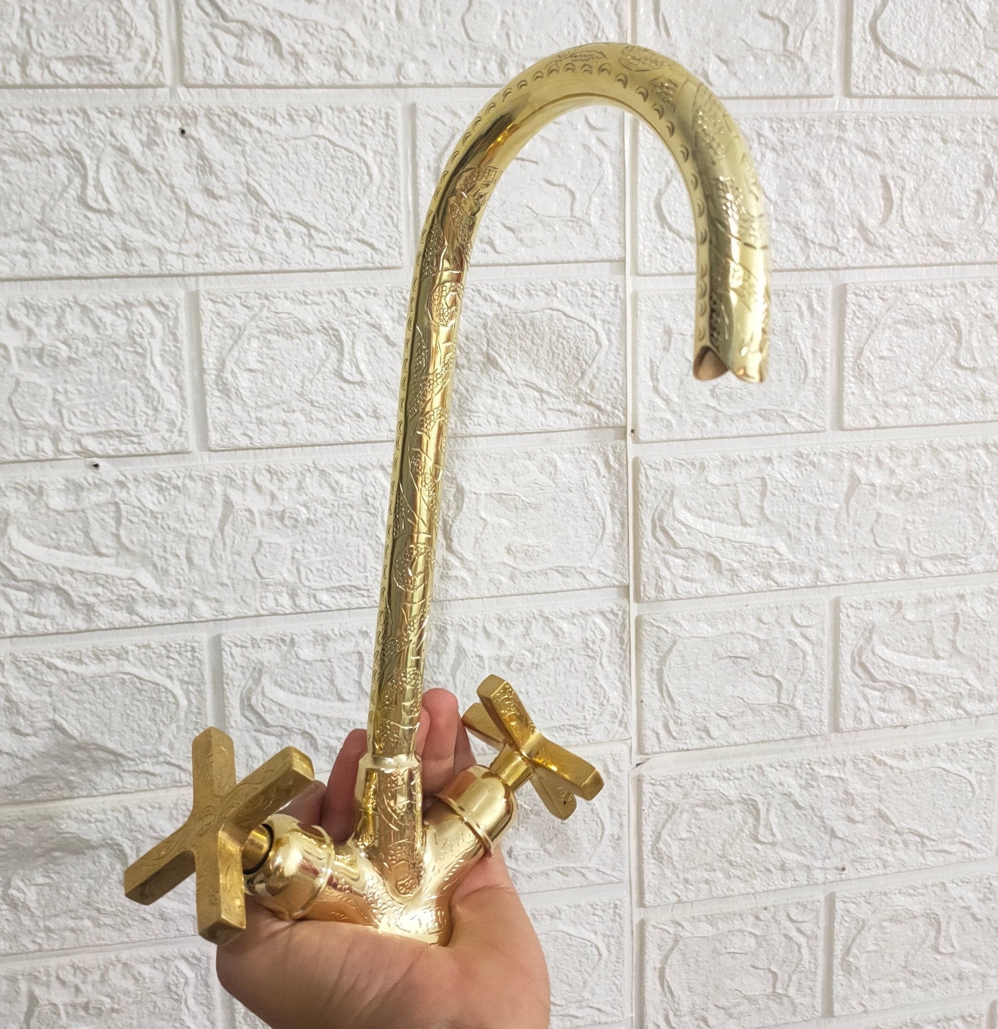 Unlacquered Brass Engraved Gooseneck Faucet - Brasspure