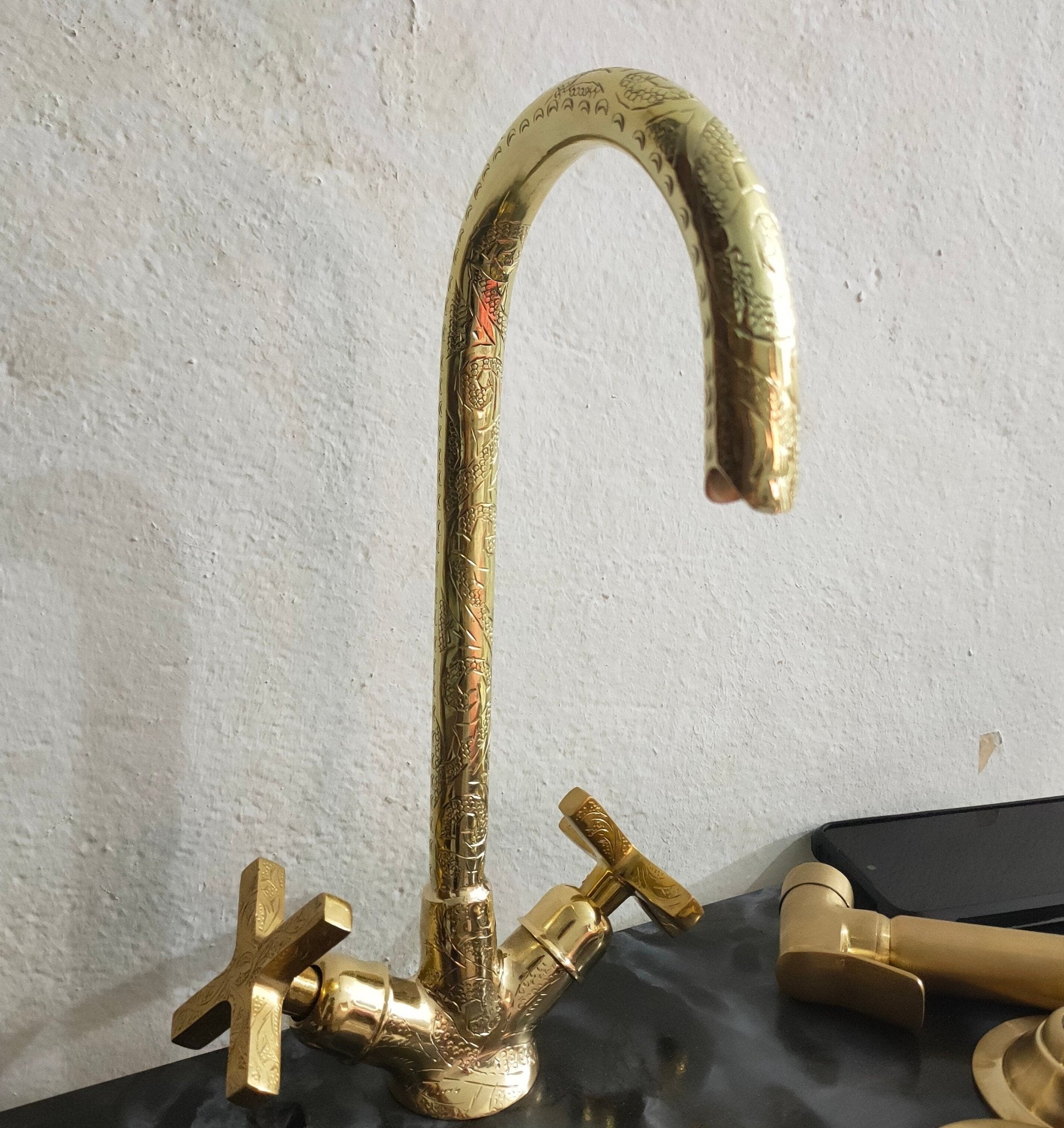 Unlacquered Brass Engraved Gooseneck Faucet - Brasspure