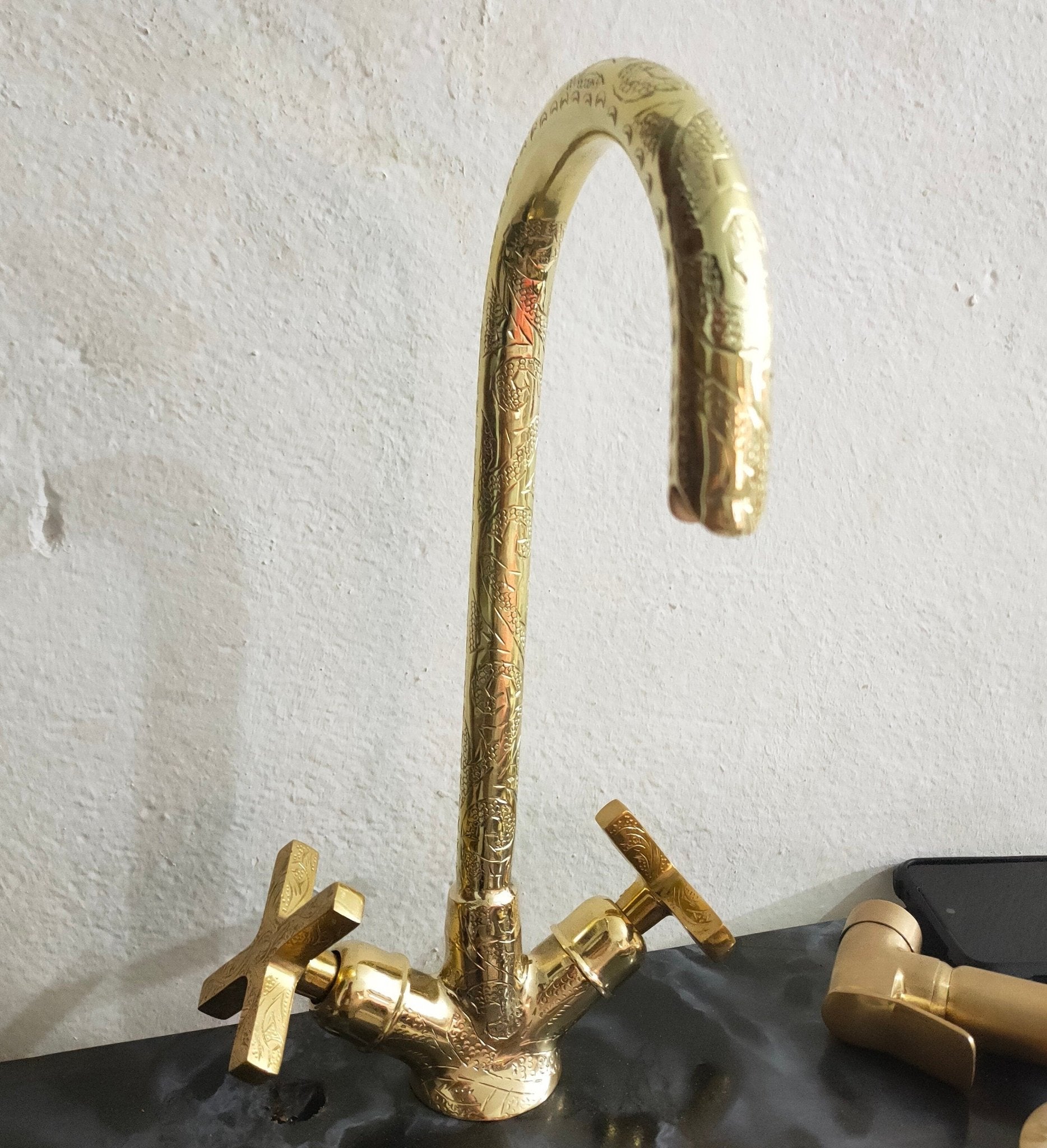 Unlacquered Brass Engraved Gooseneck Faucet - Brasspure