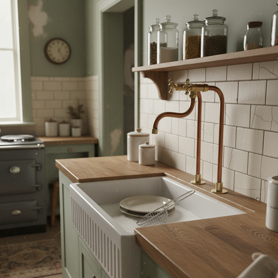 Unlacquered brass and copper kitchen faucet