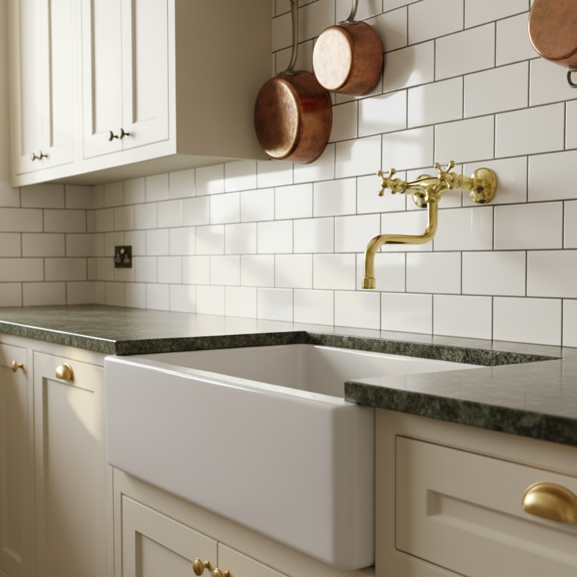 Kitchen with white sink, tiled wall, and wooden pots.