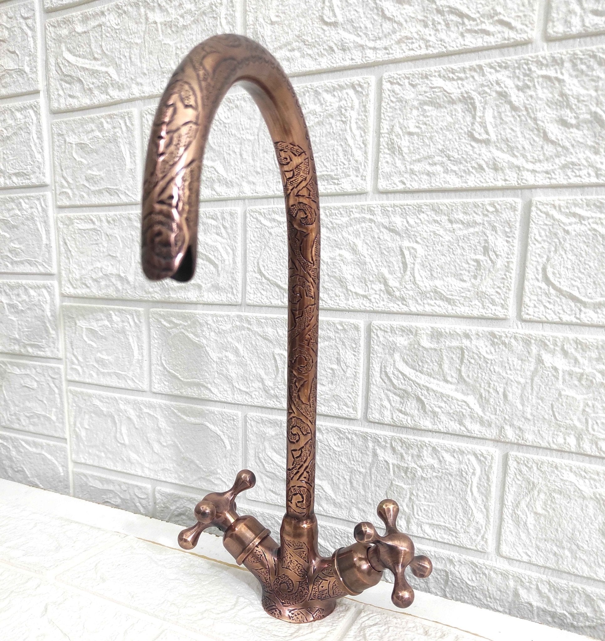 Copper Gooseneck Faucet with Engraved Design - Brasspure