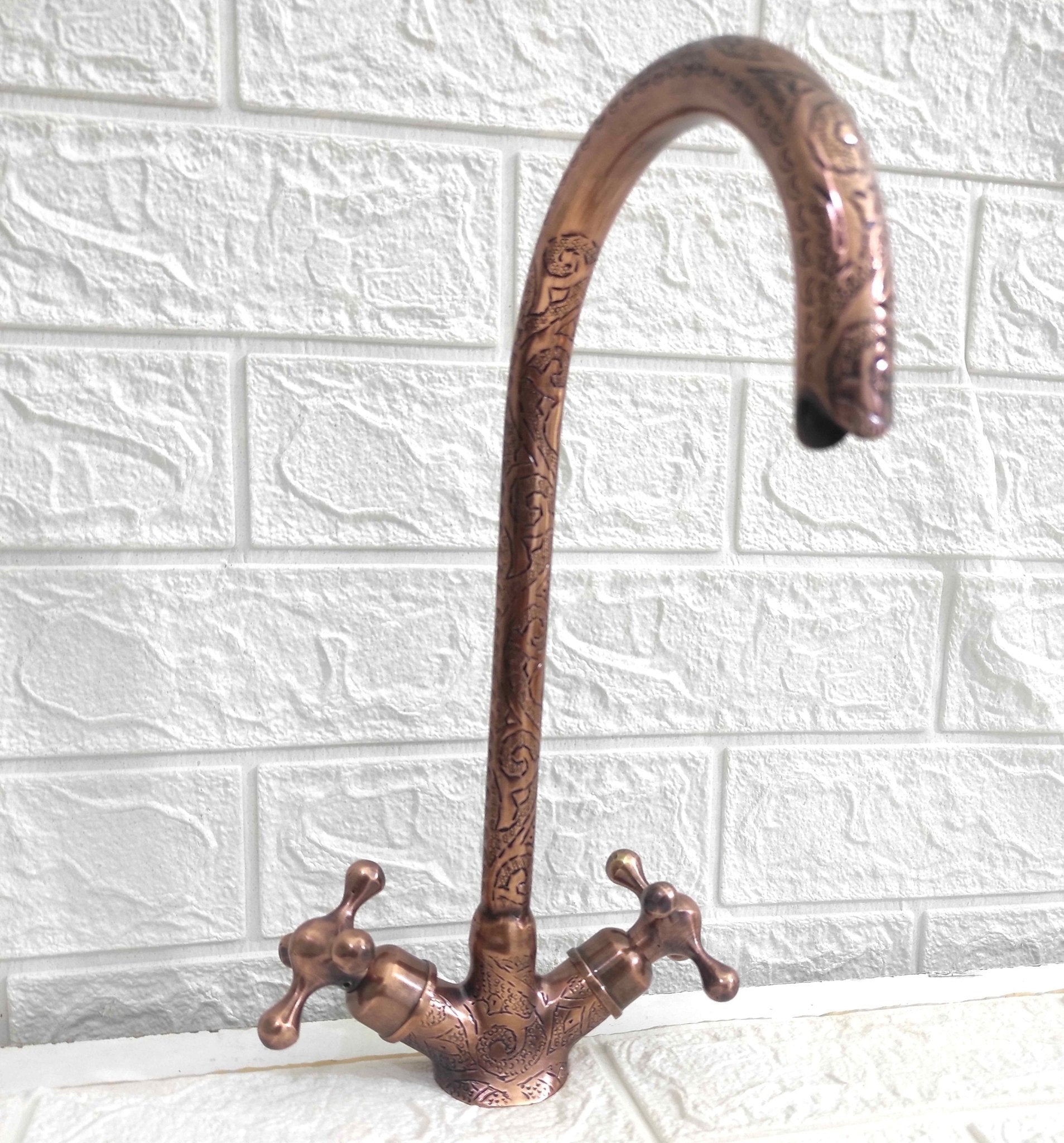 Copper Gooseneck Faucet with Engraved Design - Brasspure