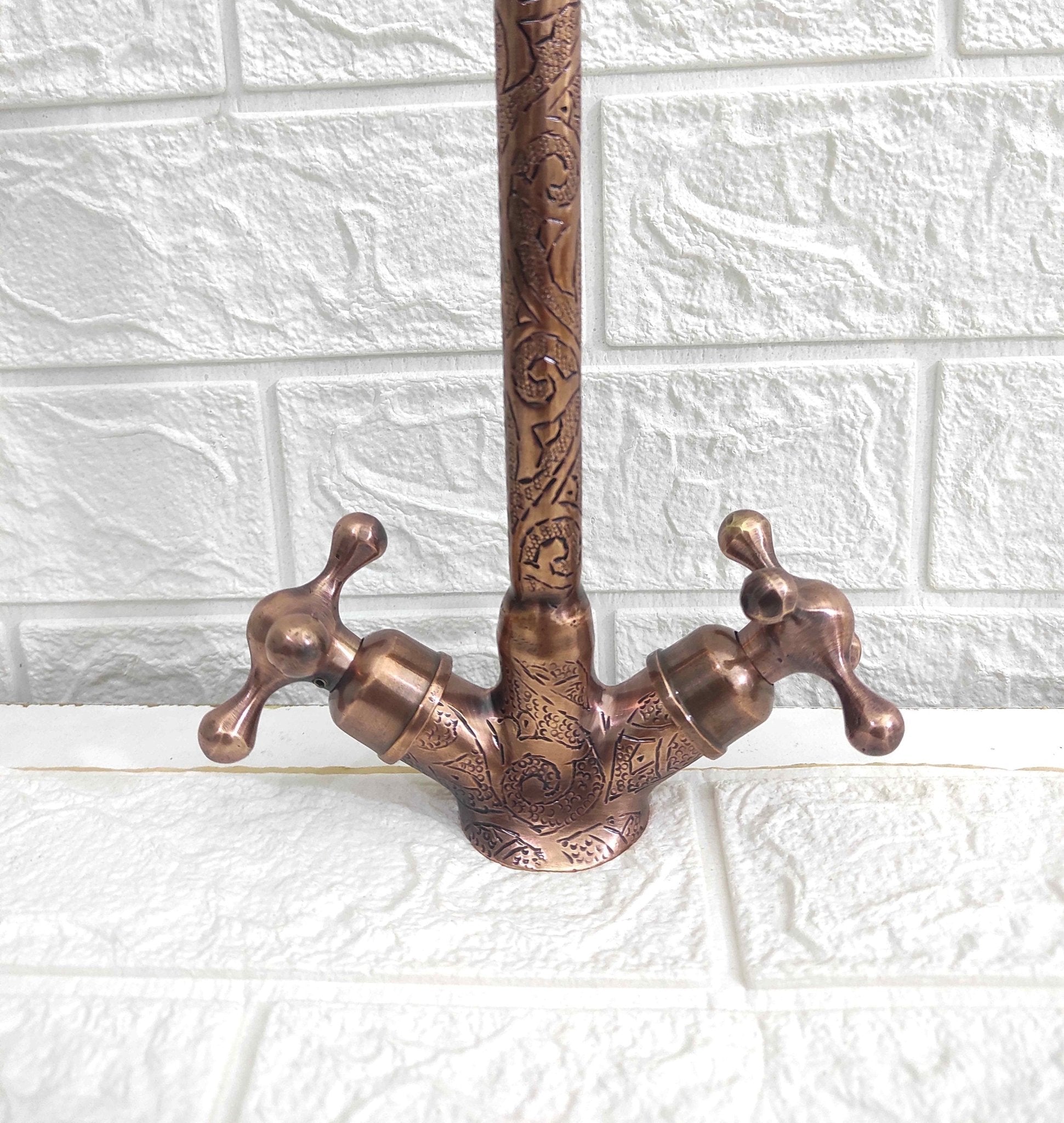 Copper Gooseneck Faucet with Engraved Design - Brasspure