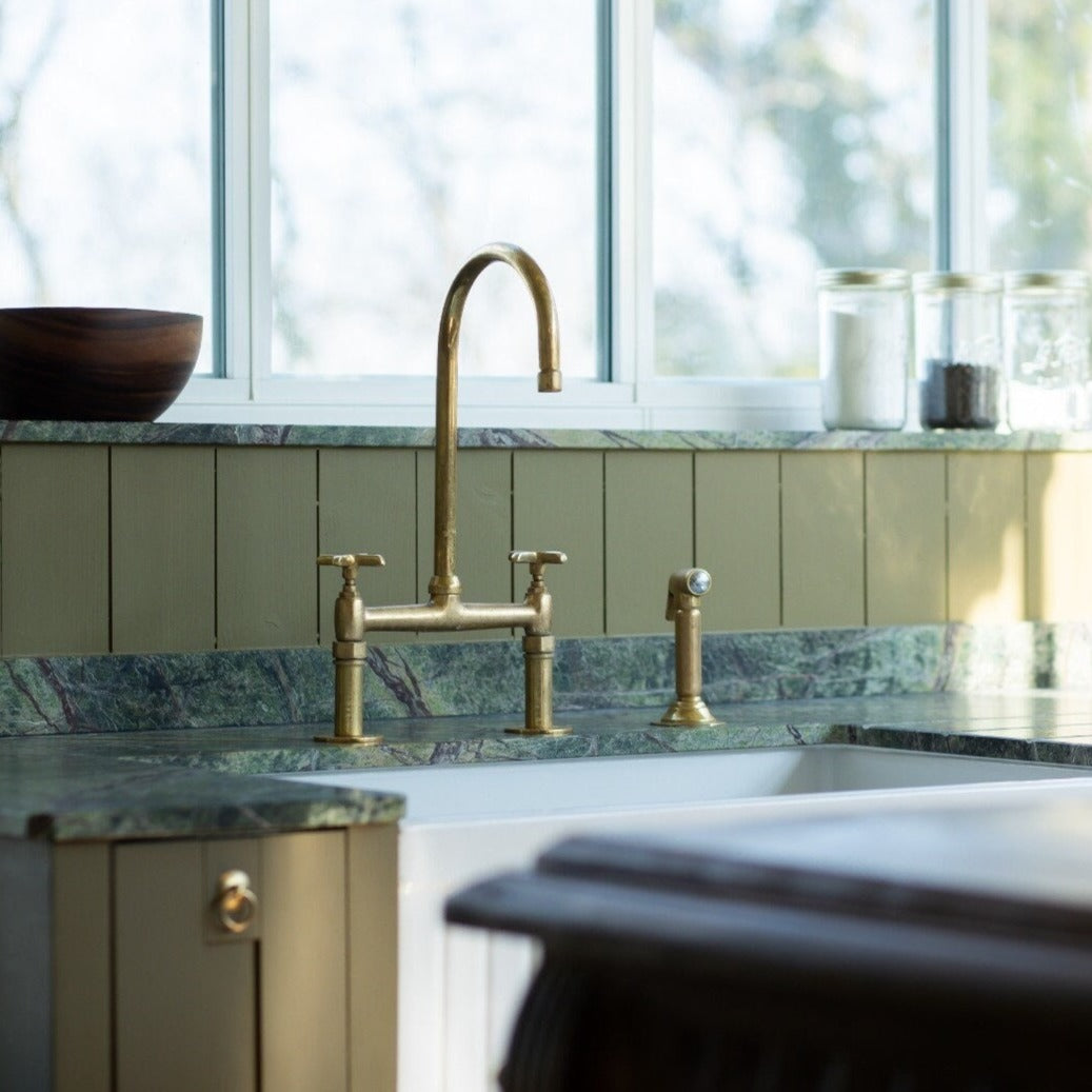 Unlacquered Brass Kitchen Faucet With Linear Legs - Solid Brass Bridge Faucet - Kitchen Faucets