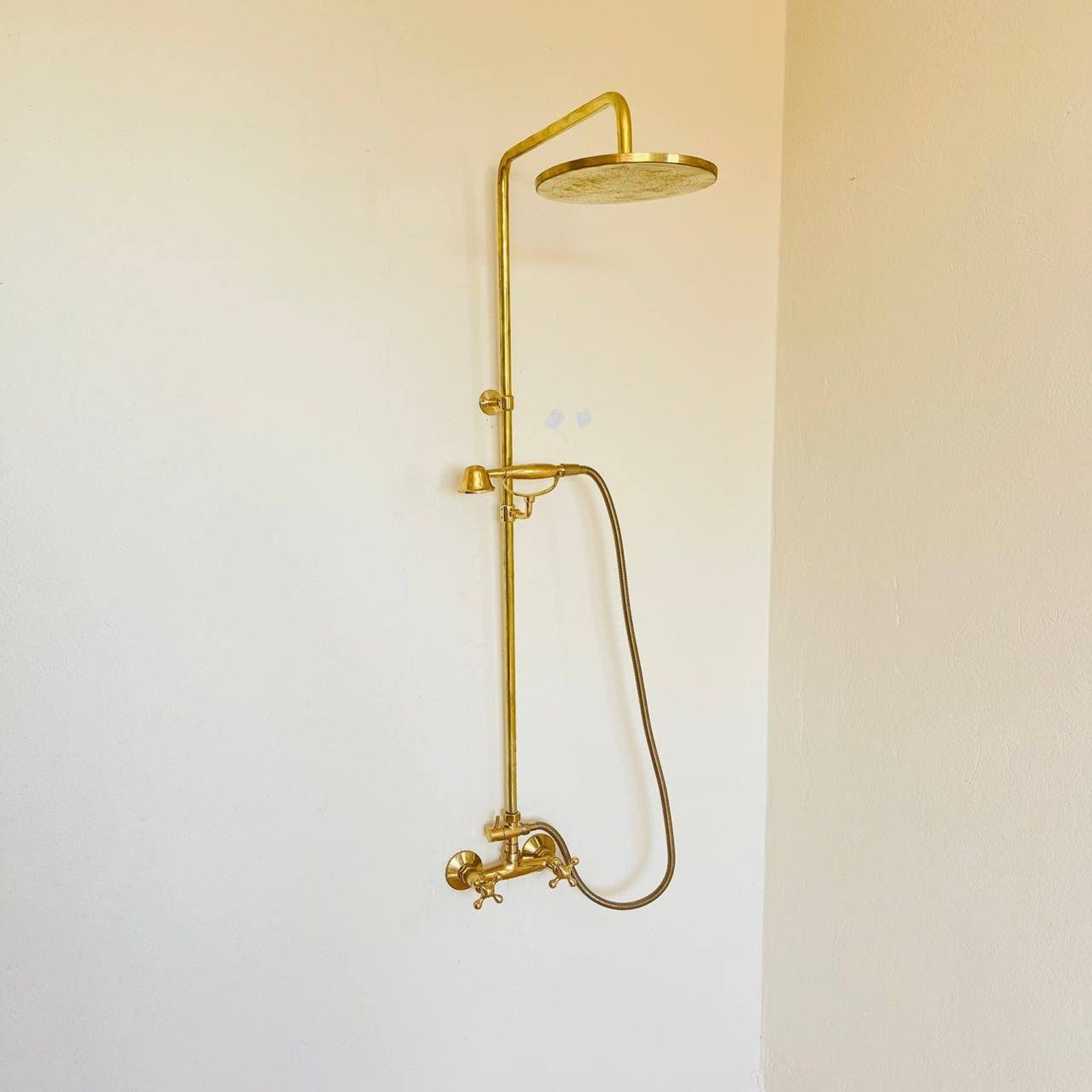 Unlacquered Brass ShowerHead with Handheld Shower - Brasspure